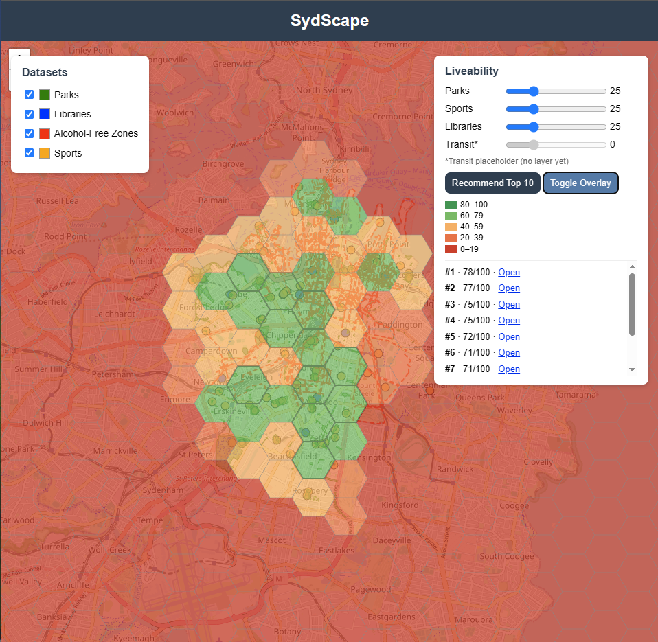 Sydscape liveability map interface